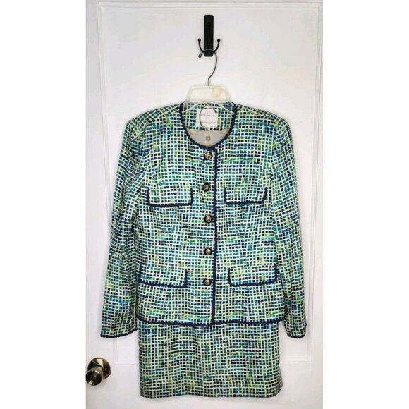 Adrianna Papell Safe Silk 2-Piece Pencil Skirt Jacket Sz 12 Blue Green Abstract - Picture 1 of 9